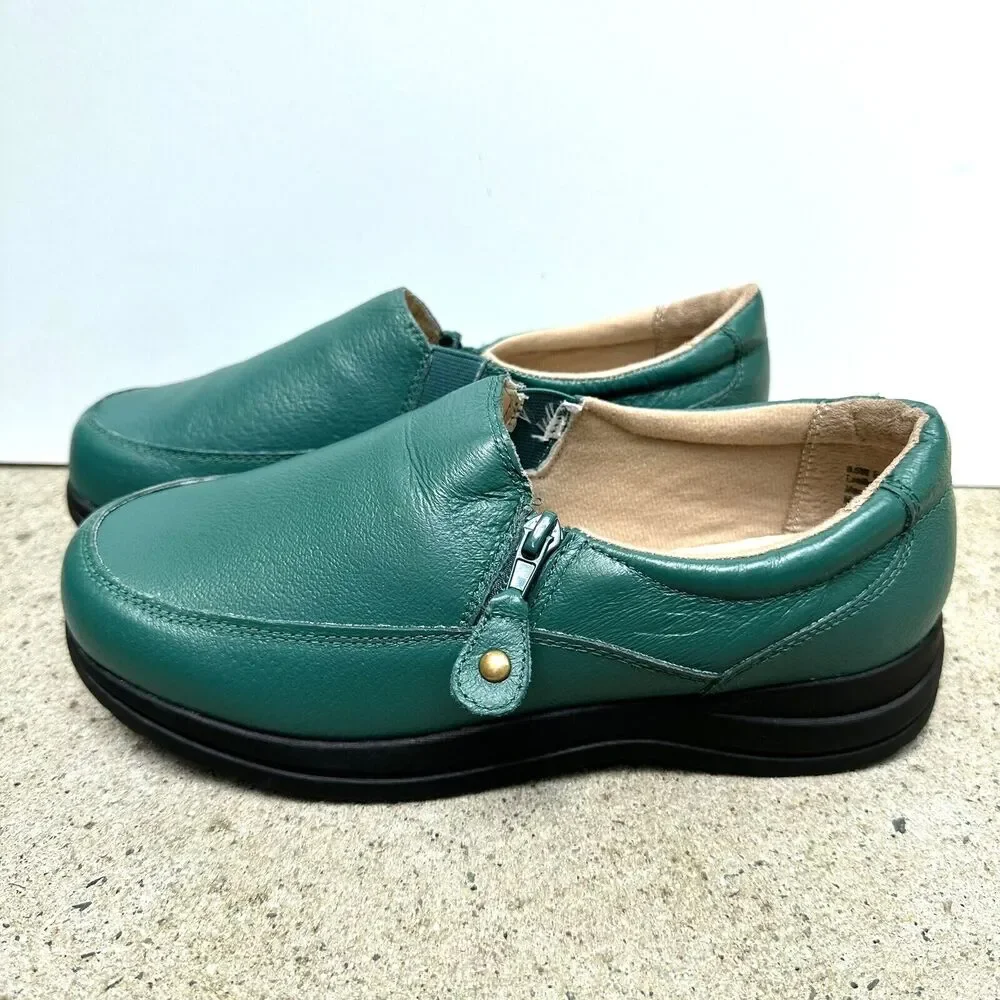 Dr Scholls Side Zip Loafers‎ Women Sz 8.5 W Green Comfort E4H-PY 902337 Leather